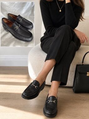 Gucci Vintage Horsebit Black Leather Loafers Women’s Classic Italian Slip-on 8.5